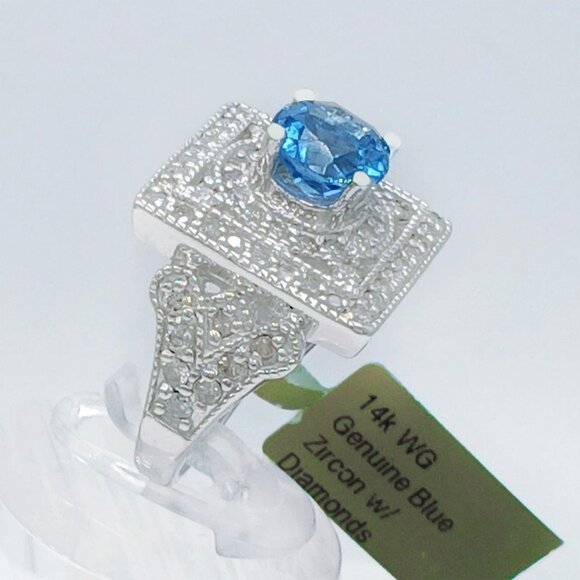 Genuine 0.80 Cts Blue Topaz & 1.02 Cts Diamonds Ring 14k Gold